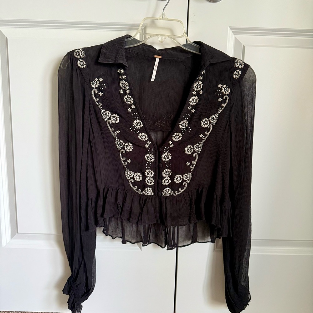 Free People Black Embellished Long Sleeve Blouse XS